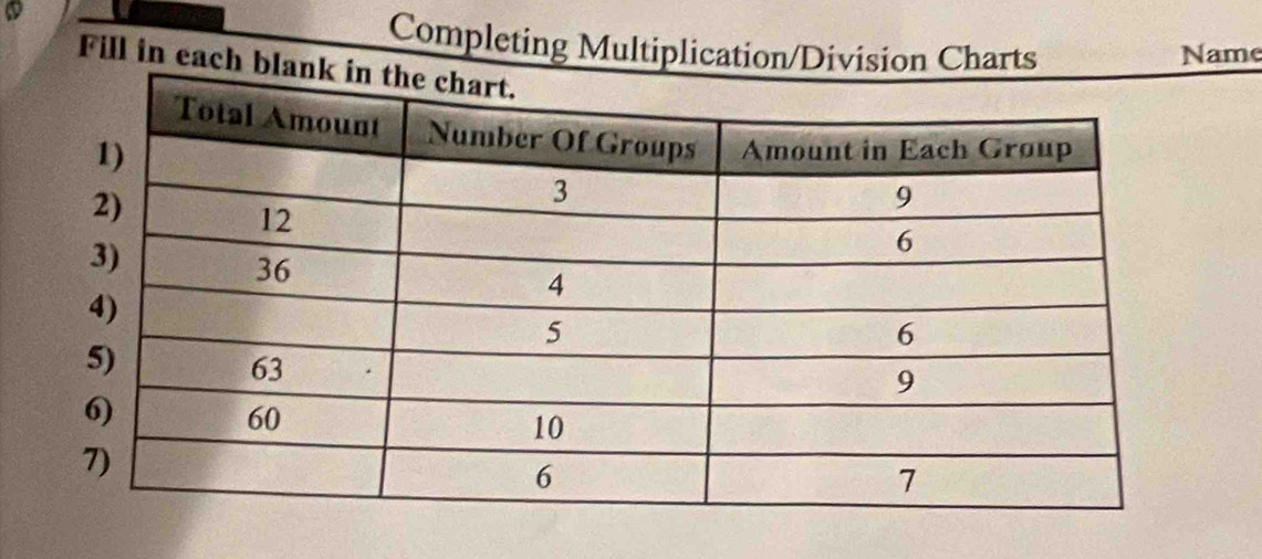 Completing Multiplication/Division Charts Name 
Fill in each b