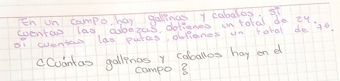 En un campo, hay gallings y cabalos. si 
coentas las cabezas, obfienes on total de 29. 
oi cuentao las patas, obfianes un total de 4ó. 
CCuantas gallenas y caballos hay en e 
campo 3