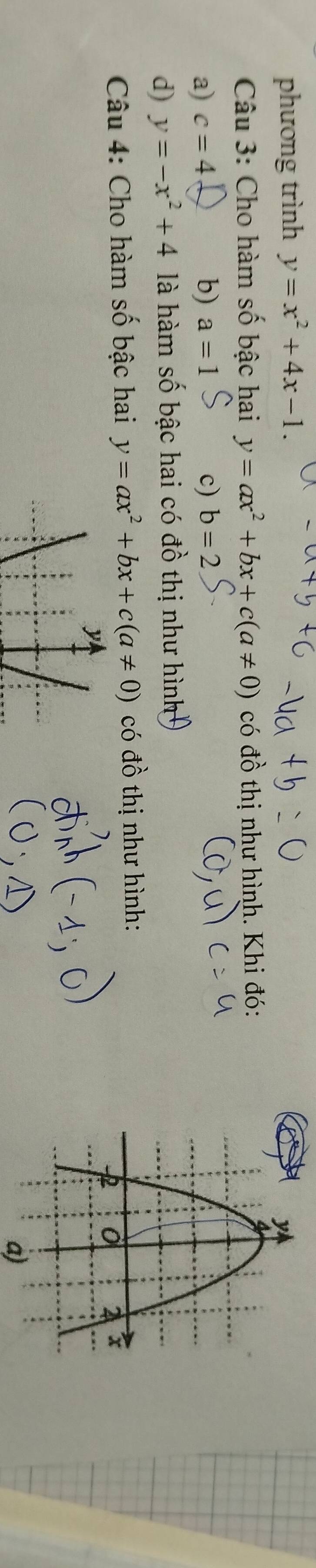 phương trình y=x^2+4x-1. 
Câu 3: Cho hàm số bậc hai y=ax^2+bx+c(a!= 0) có đồ thị như hình. Khi đó:
a) c=4 b) a=1 c) b=2
d) y=-x^2+4 là hàm số bậc hai có đồ thị như hình
Câu 4: Cho hàm số bậc hai y=ax^2+bx+c(a!= 0) có đồ thị như hình:
a)