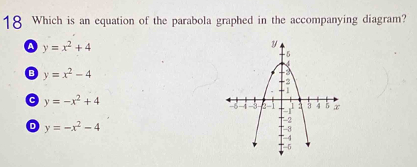 Which is an equation of the parabola graphed in the accompanying diagram?
A y=x^2+4
B y=x^2-4
y=-x^2+4
D y=-x^2-4