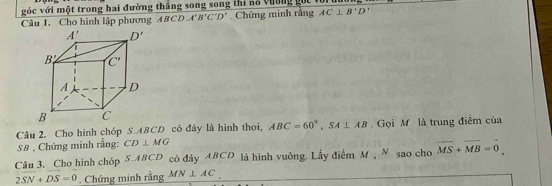 vóc với một trong hai đường thẳng song song thi no vường  gốc  và
Câu 1. Cho hình lập phương ABCD.A'B'C'D'. Chứng minh rằng AC⊥ B'D'
Câu 2. Cho hình chóp S.ABCD có đáy là hình thoi, ABC=60^0,SA⊥ AB.  Gọi M là trung điểm của
SB , Chứng minh rằng: CD⊥ MG
Câu 3. Cho hình chóp S.ABCD có đáy ABCD là hình vuông. Lấy điểm M , N sao cho vector MS+vector MB=vector 0,
2SN+DS=0. Chứng minh rằng MN⊥ AC.