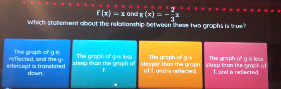 f(x)=x and g(x)=- 2/3 x
Which statement about the relationship between these two graphs is true?
The graph of g is The graph of g is less The graph of g is The graph of g is less
reflected, and the x=
intercept is translated steep than the graph of steeper than the graph steep than the graph of
f. of f, and is reflected.
down. f, and is reflected.