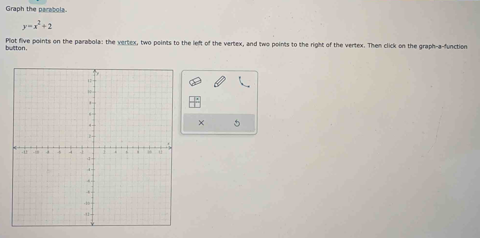 Graph the parabola.
y=x^2+2
Plot five points on the parabola: the vertex, two points to the left of the vertex, and two points to the right of the vertex. Then click on the graph-a-function 
button. 
× 
5