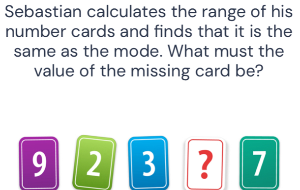 Sebastian calculates the range of his 
number cards and finds that it is the 
same as the mode. What must the 
value of the missing card be?
9 2 3 ? 1