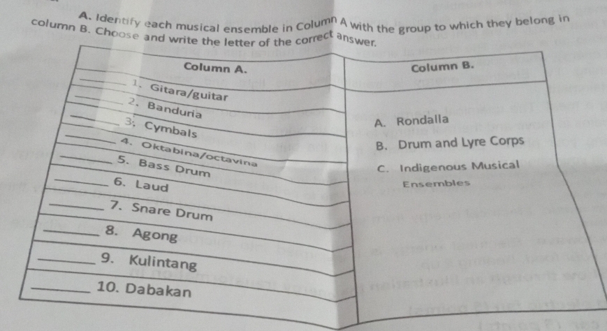 Identify each musical ensemble in Column A with the group to which they belong in 
column B. Choose and wrrect an