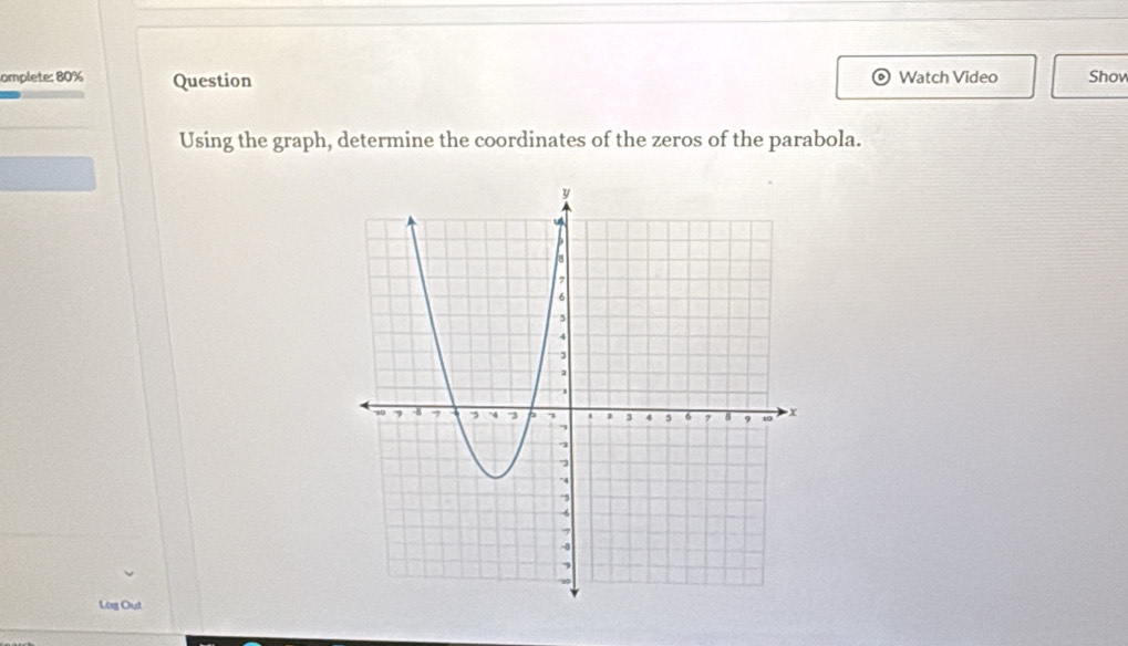 omplete: 80% Question Watch Video Show 
o 
Using the graph, determine the coordinates of the zeros of the parabola. 
Log Out