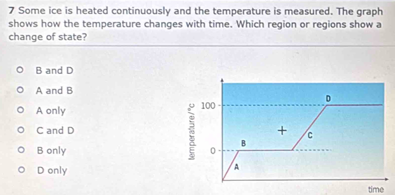 Some ice is heated continuously and the temperature is measured. The graph
shows how the temperature changes with time. Which region or regions show a
change of state?
B and D
A and B
D
A only
100
B
C and D + C
B only 0
D only
A
time