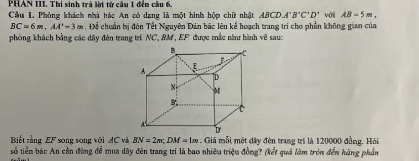 PHAN III. Thí sinh trả lời từ câu 1 đên câu 6. 
Câu 1. Phòng khách nhà bác An có dạng là một hình hộp chữ nhật ABCD. A'B'C'D' với AB=5m,
BC=6m, AA'=3m. Để chuẩn bị đón Tết Nguyên Đán bác lên kế hoạch trang trí cho phần không gian của 
phòng khách bằng các dây đèn trang trí NC, BM , EF được mắc như hình vẽ sau: 
Biết rằng EF song song với AC và BN=2m; DM=1m. Giá mỗi mét dây đèn trang trí là 120000 đồng. Hòi 
số tiền bác An cần dùng đề mua dây đèn trang trí là bao nhiêu triệu đồng? (kết quả làm tròn đến hàng phần