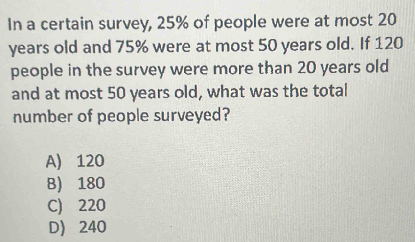 In a certain survey, 25% of people were at most 20
years old and 75% were at most 50 years old. If 120
people in the survey were more than 20 years old
and at most 50 years old, what was the total
number of people surveyed?
A) 120
B) 180
C) 220
D) 240