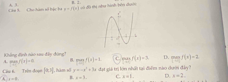 A. 3. B. 2.
Cầu 5. Cho hàm số bậc ba y=f(x) có đồ thị như hình bên dưới:
Khắng định nào sau đây đúng?
A. maxf(x)=0. maxf(x)=1. C. maxf(x)=3. D. maxf(x)=2. 
B.
Câu 6. Trên đoạn [0;3] , hàm số y=-x^3+3x đạt giá trị lớn nhất tại điểm nào dưới đây?
A. x=0.
B. x=3. C. x=1. D. x=2.