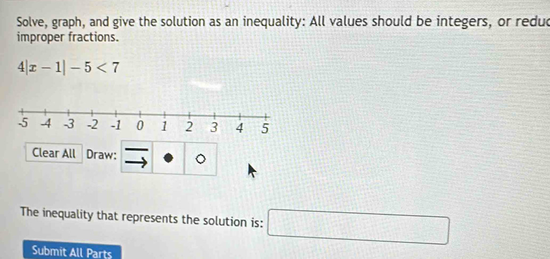 Solve, graph, and give the solution as an inequality: All values should be integers, or redud 
improper fractions.
4|x-1|-5<7</tex> 
Clear All Draw: 
。 
The inequality that represents the solution is: □ 
Submit All Parts