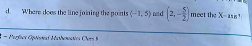 Where does the line joining the points (-1,5) and (2,- 5/2 ) meet the X-axis? 
~ Perfect Optional Mathematics Class 9