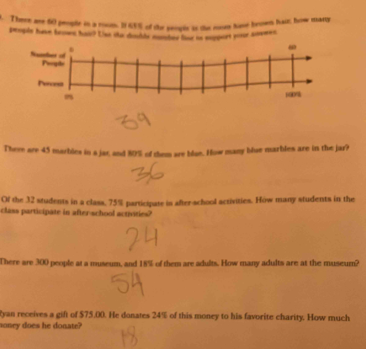 Theme ome 80 geule in a rsm. I 655 of ther yeouple as the rns hase hoen haiz how earty 
perople have bown hai? Use te dandle cobed fase to engure por ams 
6 
Sueher of 
Porgile 
Percess

580%
There are 45 marbles in a jut, and 80% of them are blae. How many blue marbles are in the jar? 
Of the 32 students in a class, 75% participate in after-school activities. How many students in the 
class participate in after-school activities? 
There are 300 people at a museum, and 18% of them are adults. How many adults are at the museum? 
Ryan receives a gift of $75,00. He donates 24% of this money to his favorite charity. How much 
soney does he donate?