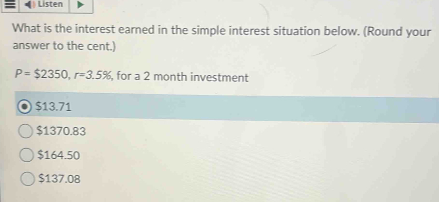Solved: Listen What is the interest earned in the simple interest ...