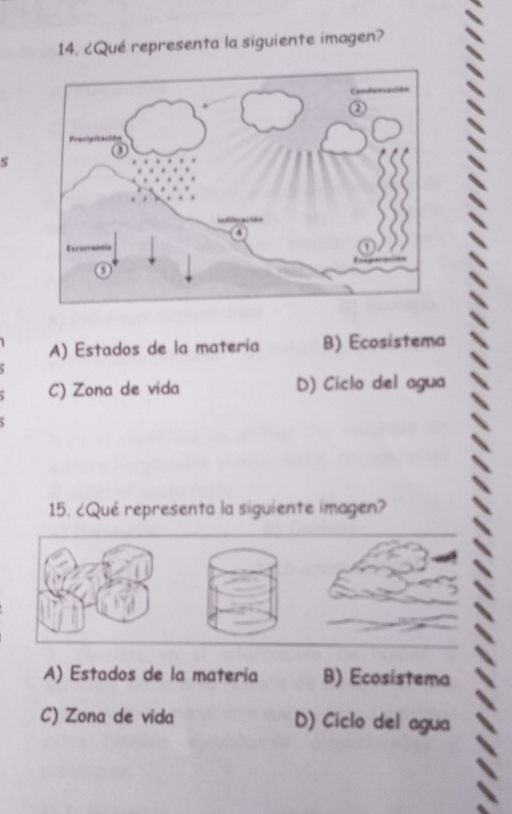 ¿Qué representa la siguiente imagen?
S
A) Estados de la matería B) Ecosistema
C) Zona de vida D) Ciclo del agua
15. ¿Qué representa la siguiente imagen?
A) Estados de la materia B) Ecosistema
C) Zona de vida D) Ciclo del agua