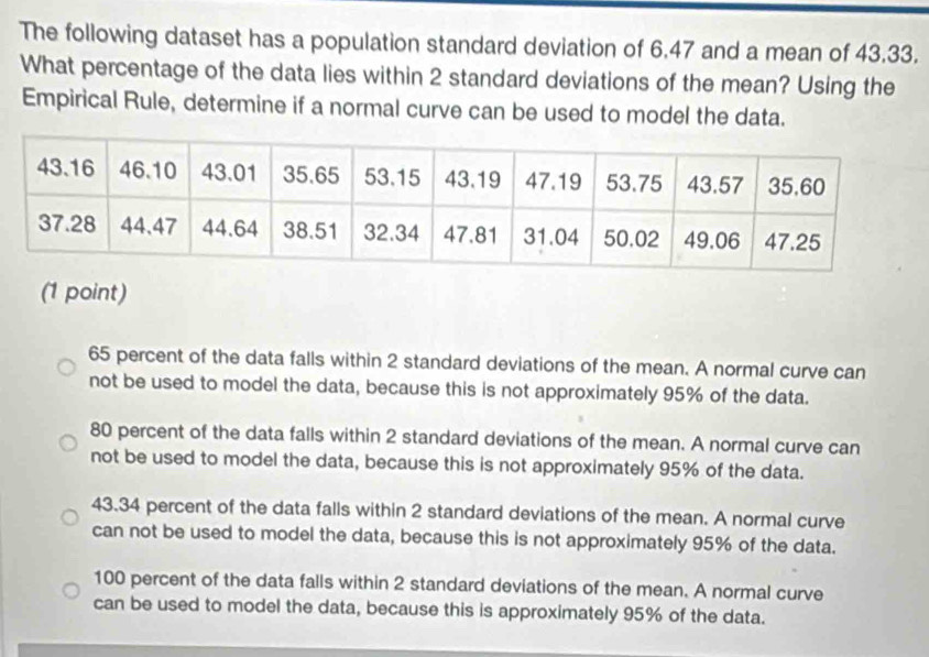 The following dataset has a population standard deviation of 6, 47 and a mean of 43, 33.
What percentage of the data lies within 2 standard deviations of the mean? Using the
Empirical Rule, determine if a normal curve can be used to model the data.
(1 point)
65 percent of the data falls within 2 standard deviations of the mean. A normal curve can
not be used to model the data, because this is not approximately 95% of the data.
80 percent of the data falls within 2 standard deviations of the mean. A normal curve can
not be used to model the data, because this is not approximately 95% of the data.
43. 34 percent of the data falls within 2 standard deviations of the mean. A normal curve
can not be used to model the data, because this is not approximately 95% of the data.
100 percent of the data falls within 2 standard deviations of the mean. A normal curve
can be used to model the data, because this is approximately 95% of the data.