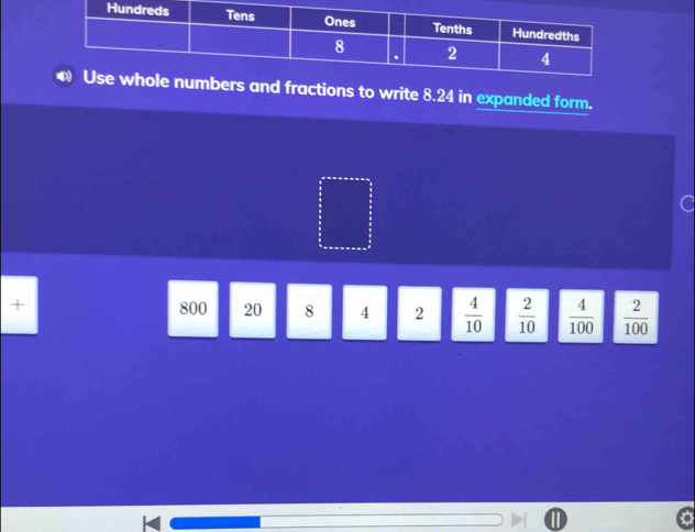 fractions to write 8.24 in expanded form.
+ 800 20 8 4 2  4/10   2/10   4/100   2/100 