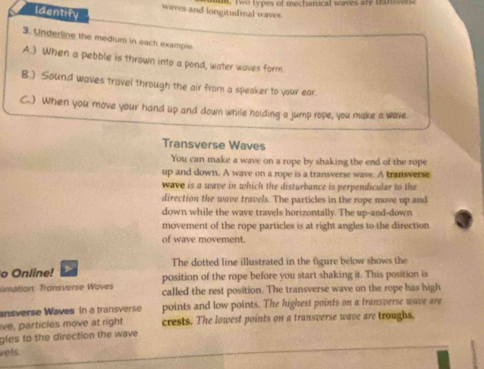 two types of mechanical waves are transverse 
Identify 
waves and longitudinal waves. 
3. Underline the medium in each example 
A.) When a pebble is thrown into a pond, water waves form 
B.) Sound waves travel through the air from a speaker to your ear. 
C.) When you move your hand up and down while holding a jump rope, you make a wave. 
Transverse Waves 
You can make a wave on a rope by shaking the end of the rope 
up and down. A wave on a rope is a transverse wave. A transverse 
wave is a wave in which the disturbance is perpendicular to the 
direction the wave travels. The particles in the rope move up and 
down while the wave travels horizontally. The up-and-down 
movement of the rope particles is at right angles to the direction 
of wave movement. 
The dotted line illustrated in the figure below shows the 
o Online! 
position of the rope before you start shaking it. This position is 
Tmation: Transverse Woves called the rest position. The transverse wave on the rope has high 
ansverse Waves In a transverse points and low points. The highest points on a transverse wave are 
ve, particles move at right crests. The lowest points on a transverse wave are troughs, 
gles to the direction the wave 
vels.