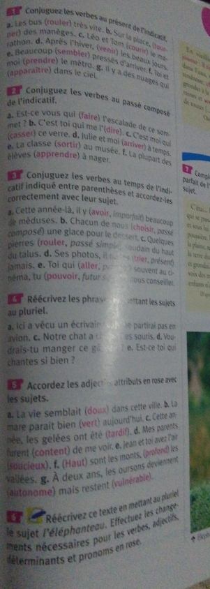  Conjuguez les verbes au présent de l'indicatif
a. Les bus (rouler) très vite. b. Sur la place, (tour En vrió
der) des manèges. c. Léo et Tom (courir) le ma
rathon, d. Après l'hiver, (venir) les beaux jours dana 1cea,
e. Beaucoup (sembler) pressés d'arriver. f, Toi en
(apparaître) dans le ciel
moi (prendre) le métro. g. Il y a des nuages qu grondes à la
de l'indicatif.
En Conjuguez les verbes au passé composé O
de muses !
à, Est-ce vous qui (faire) l'escalade de ce som
met ? b. C'est toi qui me l'(dire). c. C'est moi au
(casser) ce verre, d. Julie et moi (arriver) à temps.
e La classe (sortir) au musée. f. La plupart des
(lèves (apprendre) à nager.
C  Camp
parfait de '
* Conjuguez les verbes au temps de l'indi. sujet.
catif indiqué entre parenthèses et accordez-les
correctement avec leur sujet.
C
quí se pasó
1. Cette année-là, il y (avoir, imporfoit) beaucoup et sous lui
de méduses. b. Chacun de nous (cholsir, possé posèr
composé) une glace pour le dessert. c. Quelques la plaine., =
pierres (rouler, passé simple, soudain du baut la teme du
du talus. d. Ses photos, it no 'es (trier, présent) et guodai
Jamais, e. Toi qui (aller, p  souvent au d- voix ds 
néma, tu (pouvoir, futur s   u  osller. enfants n
D o
Réécrivez les phras lettant les sujets
au pluriel.
a. ici a vécu un écrivain  partiral pas en
avion. c. Notre chat a es souris. d. Vou-
drais-tu manger ce gã e. Est-ce toi qui
chantes si bien ?
' Accordez les adjecr's attributs en rose avec
les sujets.
a La vie semblait (doux) dans cette ville. b. La
mare parait bien (vert) aujourd hui, c. Cette an
née, les gelées ont été (tardif). d. Mes parents
furent (content) de me voir. e. Jean et toi avez l'air
soucieux). f. (Haut) sont les monts, (profond) les
vallées, g. À deux ans, les oursons deviennent
(autonome) mais restent (vulnérable).
ar  Réécrivez ce texte en mettant au pluriel
le suiet l'éléphanteau, Effectuez les change
ments nécessaires pour les verbes, adjectifs
déterminants et pronoms en rose. B