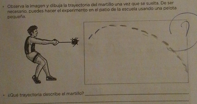 Observa la ímagen y dibuja la trayectoria del martillo una vez que se suelta. De ser 
necesario, puedes hacer el experimento en el patio de la escuela usando una pelota 
pequeña. 
¿Qué trayectoria describe el martillo?_ 
_