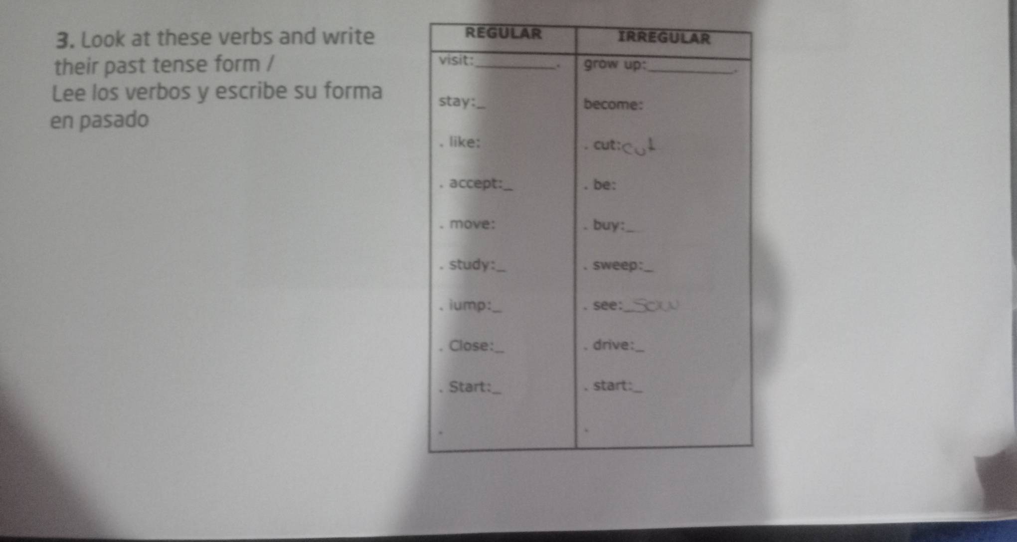 Look at these verbs and write 
their past tense form / 
Lee los verbos y escribe su forma 
en pasado