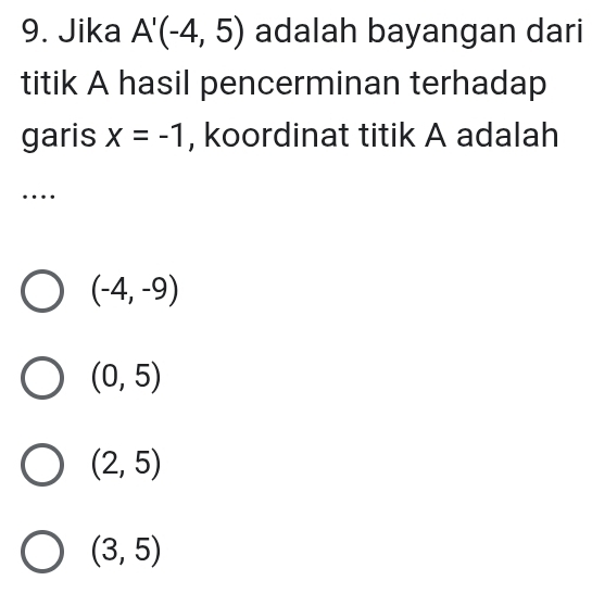 Jika A'(-4,5) adalah bayangan dari
titik A hasil pencerminan terhadap
garis x=-1 , koordinat titik A adalah
…
(-4,-9)
(0,5)
(2,5)
(3,5)