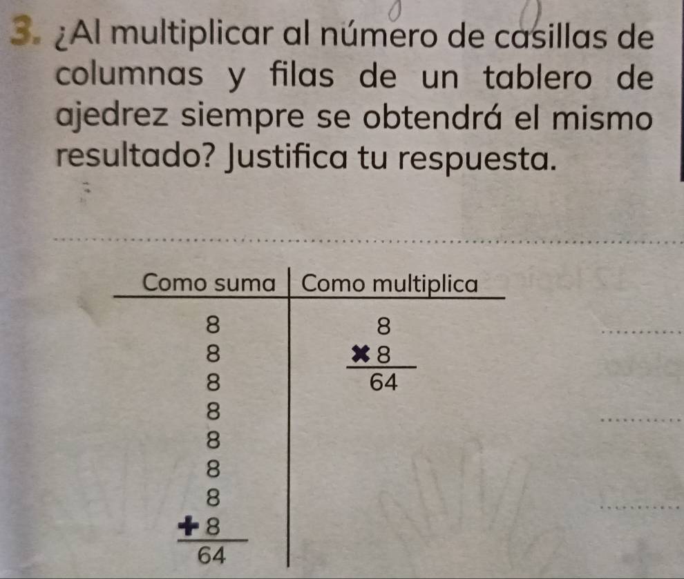 ¿Al multiplicar al número de casillas de
columnas y filas de un tablero de
ajedrez siempre se obtendrá el mismo
resultado? Justifica tu respuesta.