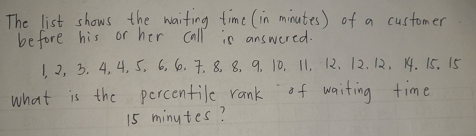 The list shows the waiting time (in minutes) of a customer 
before his or her call is answered.
1, 2, 3, 4, 4, 5, 6, 6. 7, 8, 8, 9, 10, 11, 12, 12. 12, 14. 15. 15
what is the percentile rank of waiting time
15 minutes?