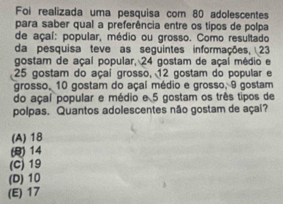 Foi realizada uma pesquisa com 80 adolescentes
para saber qual a preferência entre os típos de polpa
de açaí: popular, médio ou grosso. Como resultado
da pesquisa teve as seguintes informações, 23
gostam de açaí popular, 24 gostam de açaí médio e
25 gostam do açaí grosso, 12 gostam do popular e
grosso, 10 gostam do açaí médio e grosso, 9 gostam
do açal popular e médio e 5 gostam os três tipos de
polpas. Quantos adolescentes não gostam de açaí?
(A) 18
() 14
(C) 19
(D) 10
(E) 17