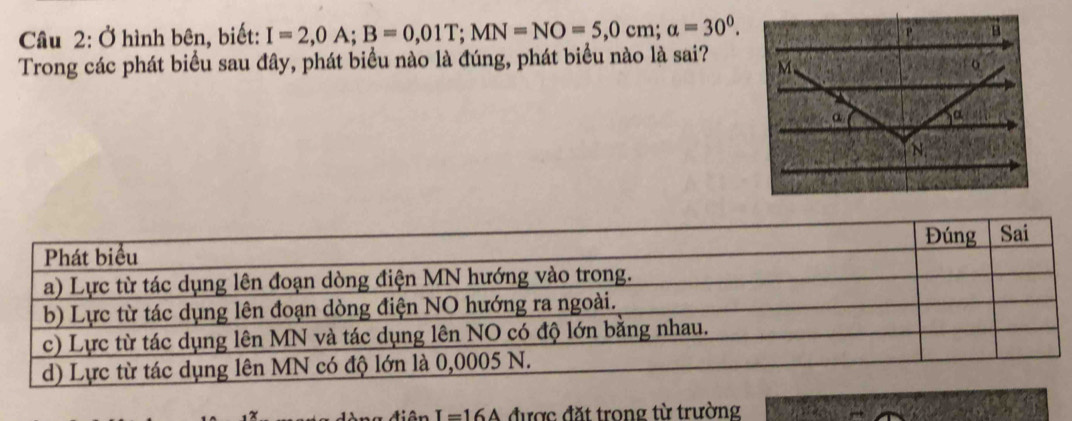 Ở hình bên, biết: I=2,0A; B=0,01T; MN=NO=5,0cm; alpha =30^0. 
Trong các phát biểu sau đây, phát biểu nào là đúng, phát biểu nào là sai? 
in I=16A được đặt trong từ trường