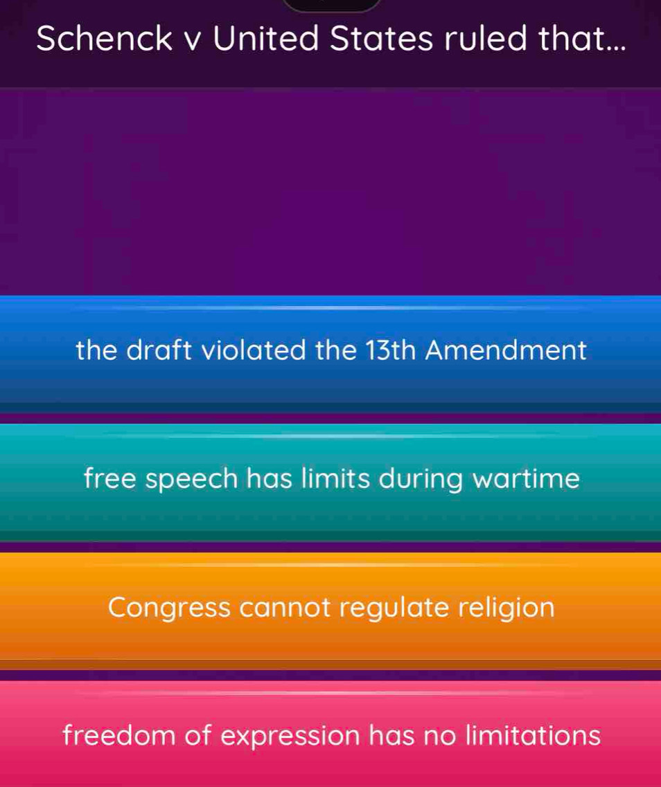 Schenck v United States ruled that...
the draft violated the 13th Amendment
free speech has limits during wartime
Congress cannot regulate religion
freedom of expression has no limitations