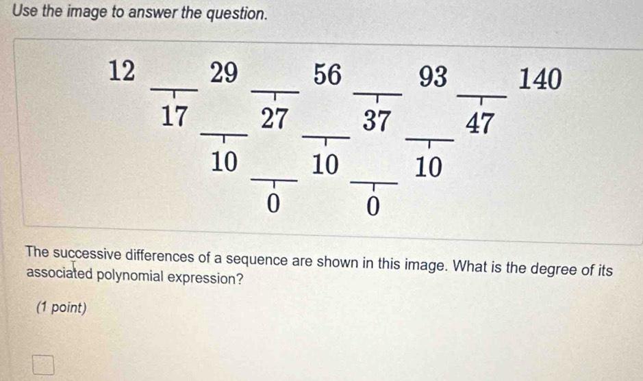 Use the image to answer the question.
30 140
__ 12 2/17 frac 29 27/10 frac 56 37/10  frac 93frac 4frac ^3710frac  1/0 frac 10 _______ 
overline 1 
□  
The successive differences of a sequence are shown in this image. What is the degree of its 
associated polynomial expression? 
(1 point)