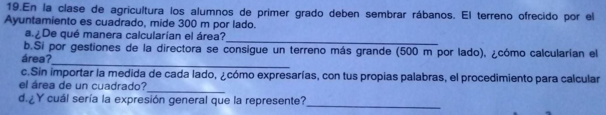 En la clase de agricultura los alumnos de primer grado deben sembrar rábanos. El terreno ofrecido por el 
Ayuntamiento es cuadrado, mide 300 m por lado. 
_ 
a. De qué manera calcularían el área? 
_ 
b.Si por gestiones de la directora se consigue un terreno más grande (500 m por lado), ¿cómo calcularían el 
área? 
c.Sin importar la medida de cada lado, ¿cómo expresarías, con tus propias palabras, el procedimiento para calcular 
el área de un cuadrado?_ 
d. ¿Y cuál sería la expresión general que la represente?_