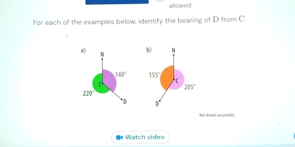 allowed
For each of the examples below, identify the bearing of D from C.
b)
 
 
Not disawn a ccusartelly
Watch video