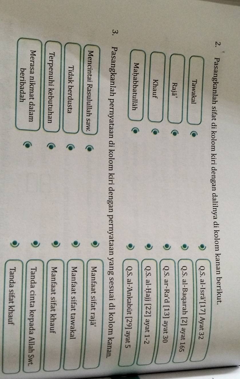 Pasangkanlah sifat di kolom kiri dengan dalilnya di kolom kanan berikut.
Q.S. al-Isrā'[17] Ayat 32
Tawakal
Q.S. al-Baqarah [2] ayat 165
Rajā'
Q.S. ar-Ra'd [13] ayat 30
Khauf
Q.S. al-Ḥajj [22] ayat 1-2
Maḥabbatullāh
Q.S. al-Ankabūt [29] ayat 5
3. Pasangkanlah pernyataan di kolom kiri dengan pernyataan yang sesuai di kolom kanan.
Mencintai Rasulullah saw.
Manfaat sifat rajā''
Tidak berdusta
Manfaat sifat tawakal
Terpenuhi kebutuhan
Manfaat sifat khauf
Merasa nikmat dalam Tanda cinta kepada Allah Swt.
beribadah
Tanda sifat khauf