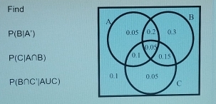 Find
P(B|A')
P(C|A∩ B)
P(B∩ C'|A∪ C)