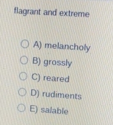 flagrant and extreme
A) melancholy
B) grossly
C) reared
D) rudiments
E) salable