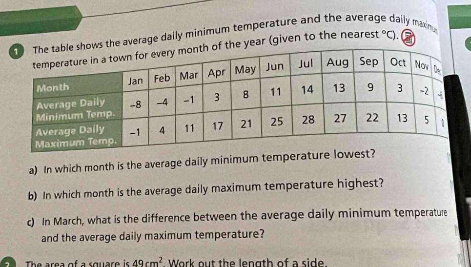 the average daily minimum temperature and the averag aily maxim
year (given to the nearest°C) 
a) In which month is the average daily minimum temperature lowest? 
b) In which month is the average daily maximum temperature highest? 
c) In March, what is the difference between the average daily minimum temperature 
and the average daily maximum temperature? 
The area of a square is 49cm^2 Work out the length of a side.