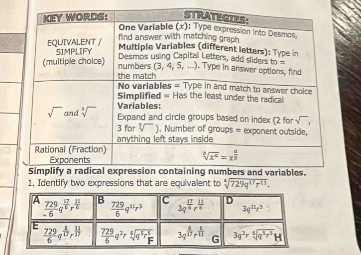 Identify two expressions that are equivalent to sqrt[6](729q^(17)r^(11)).