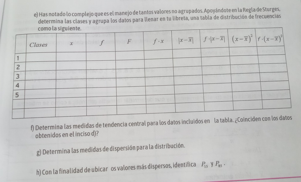 Has notado lo complejo que es el manejo de tantos valores no agrupados. Apoyándote en la Regla de Sturges,
determina las clases y agrupa los datos para llenar en tu libreta, una tabla de distribución de frecuencias
f) Determina las medidas de tendencia central para los datos incluidos en 
obtenidos en el inciso d)?
g) Determina las medidas de dispersión para la distribución.
h) Con la finalidad de ubicar os valores más dispersos, identifica P_15 y P_85·