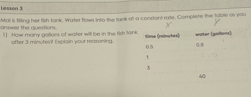 Lesson 3 
Mai is filling her fish tank. Water flows into the tank at a constant rate. Complete the table as you 
answer the questions. 
1) How many gallons of water will be in the fish tan 
after 3 minutes? Explain your reasoning.