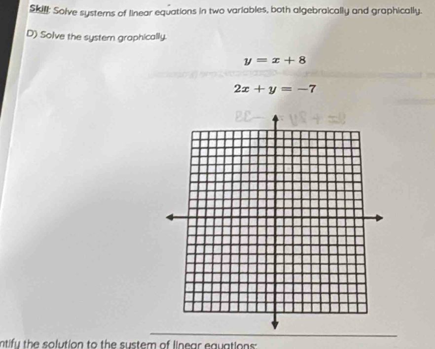 Skill: Solve systems of linear equations in two variables, both algebraically and graphically.
D) Solve the systern graphically.
y=x+8
2x+y=-7
ntifu the solution to the sustem of linear eavations: