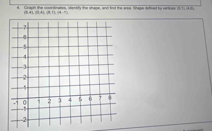 Graph the coordinates, identify the shape, and find the area. Shape defined by vertices: (0,1),(4,6),
(8,4),(0,4), (8,1),(4,-1).