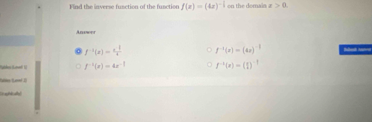 Find the inverse function of the function f(x)=(4x)^- 7/3  on the domain x>0. 
Answer
f^(-1)(x)=frac x^(-frac 3)44
f^(-1)(x)=(4x)^-frac 1 Sehenît Auten
tables (Lneel 1)
f^(-1)(x)=4x^(-1)
f^(-1)(x)=( x/4 )^- 3/2 
Rablen (Lave! 2)
Dt aphically)