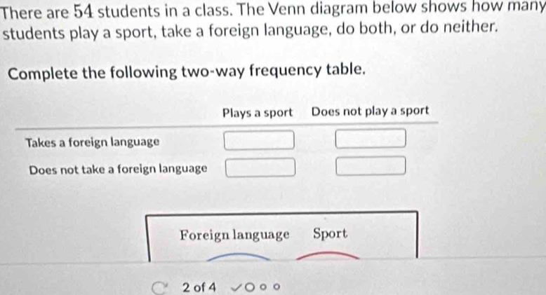 There are 54 students in a class. The Venn diagram below shows how many 
students play a sport, take a foreign language, do both, or do neither. 
Complete the following two-way frequency table. 
Foreign language Sport 
2 of 4