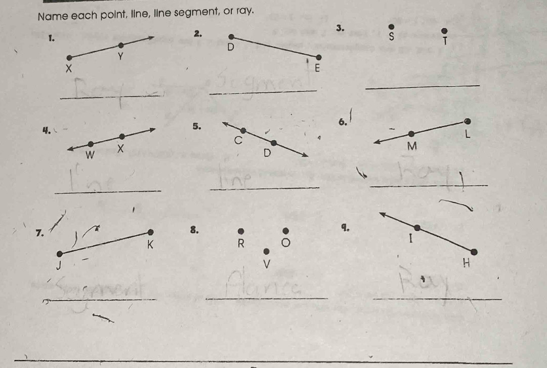 Name each point, line, line segment, or ray. 
1 
2. 
3. s T
_ 
4. 
5. 
6. 
7 
8. 
q.
R
V
__