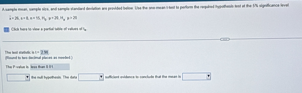 A sample mean, sample size, and sample standard deviation are provided below. Use the one-mean t -test to perform the required hypothesis test at the 5% significance level.
overline x=26, s=8, n=15, H_0, mu =20, H_a, mu >20
m Click here to view a partial table of values of l_a
The test statistic is t=2.90
(Round to two decimal places as needed.) 
The P -value is less than 0.01. 
the null hypothesis. The data □ □ sufficient evidence to conclude that the mean is (-y-()=()^2-()