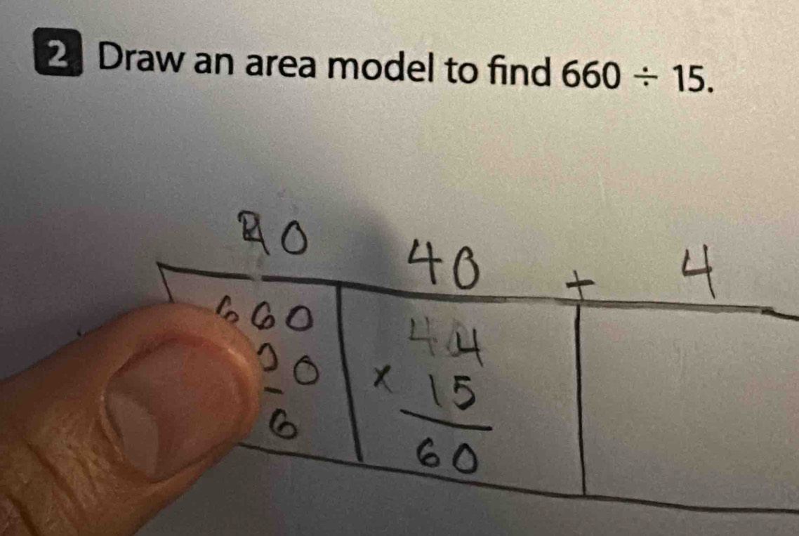 Draw an area model to find 660/ 15.