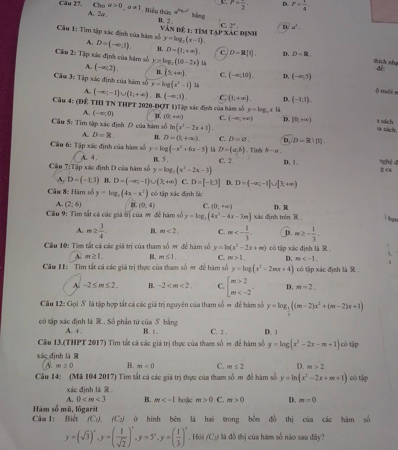 C. P=frac 2.
D. P= 1/4 .
Câu 27. Cho a>0,a!= 1. Biểu thức a^(log _a)a^2 bằng
A. 2a .
B. 2 .
C. 2^a.
D. a^2.
VÁN ĐÊ 1: TÌM TậP XáC đỊnh
Câu 1: Tìm tập xác định của hàm số y=log _2(x-1). thích nhạ
A. D=(-∈fty ;1). B. D=(1;+∈fty ). C. D=R 1 . D. D=R.
Câu 2: Tập xác định của hàm số y=log _2(10-2x) là
A. (-∈fty ;2). đề:
B. (5;+∈fty ).
C. (-∈fty ;10). D. (-∈fty ;5)
Câu 3: Tập xác định của hàm số y=log (x^2-1) là
A. (-∈fty ;-1)∪ (1;+∈fty ). B. (-∈fty ;1).
ộ nuôi n
C. (1;+∈fty ). (-1;1).
D.
Câu 4: (ĐÊ THI TN THPT 2020-ĐợT 1)Tập xác định của hàm số y=log _3x là
A. (-∈fty ;0)
C. (-∈fty ;+∈fty ) D. [0;+∈fty )
a sách
Câu 5: Tìm tập xác định D của hàm số ln (x^2-2x+1).
B. (0;+∈fty ) la sách.
A. D=R. D. D=R| 1 .
B. D=(1;+∈fty ). C. D=varnothing .
Câu 6: Tập xác định của hàm số y=log (-x^2+6x-5) là D=(a;b) Tính b-a.
A. 4. B. 5. C. 2 . D. 1.
nghệ đ
Câu 7:Tập xác định D của hàm số y=log _2(x^2-2x-3) g ca
A, D=(-1;3) B. D=(-∈fty ;-1)∪ (3;+∈fty ) C. D=[-1;3] D. D=(-∈fty ;-1]∪ [3;+∈fty )
Câu 8: Hàm số y=log _5(4x-x^2) có tập xác định là:
A. (2;6) B. (0;4) C. (0;+∈fty ) D. R
Câu 9: Tìm tất cả các giá trị của mô đề hàm số y=log _3(4x^2-4x-3m): xác định trên R . bạn
A. m≥  3/4 . m<- 1/3 . D. m≥ - 1/3 .
B. m<2. C.
Câu 10: Tìm tất cả các giá trị của tham shat om để hàm số y=ln (x^2-2x+m) có tập xác định là R .
!
i.
A. m≥ 1. B. m≤ 1. C. m>1. D. m
1
Câu 11: Tìm tất cả các giá trị thực của tham số m để hàm số y=log (x^2-2mx+4) có tập xác định là R .
A. -2≤ m≤ 2. B. -2 C. beginarrayl m>2 m D. m=2.
Câu 12: Gọi S là tập hợp tất cả các giá trị nguyên của tham số m đề hàm số y=log _ 1/3 ((m-2)x^2+(m-2)x+1)
có tập xác định là R . Số phần tử của S bằng
A. 4 . B. 1. C. 2 . D. 3
Câu 13.(THPT 2017) Tìm tất cả các giá trị thực của tham số m để hàm số y=log (x^2-2x-m+1) có tập
xác định là R
A. m≥ 0 B. m<0</tex> C. m≤ 2 D. m>2
Câu 14: (Mã 104 2017) Tìm tất cả các giá trị thực của tham số m để hàm số y=ln (x^2-2x+m+1) có tập
xác định là R .
A. 0 B. m hoặc m>0 C. m>0 D. m=0
Hàm số mũ, lôgarit
Câu 1: Biết (C_1),(C_2) ở hình bên là hai trong bhat Ondhat O thị của các hàm shat 0
y=(sqrt(3))^x,y=( 1/sqrt(2) )^x,y=5^x,y=( 1/3 )^x. Hỏi (C_2) là đồ thị của hàm số nào sau đây?