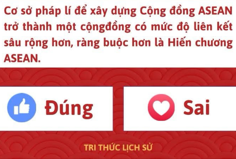 Cơ sở pháp lí để xây dựng Cộng đồng ASEAN 
trở thành một cộngđồng có mức độ liên kết 
sâu rộng hơn, ràng buộc hơn là Hiến chương 
ASEAN. 
Đúng Sai 
TRI THỨC LỊCH Sử